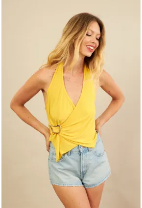 Kadın Sarı Tokalı Asimetrik Crop Bluz AN8134