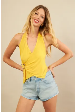 Kadın Sarı Tokalı Asimetrik Crop Bluz AN8134