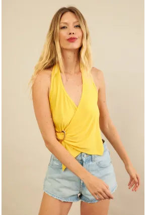 Kadın Sarı Tokalı Asimetrik Crop Bluz AN8134