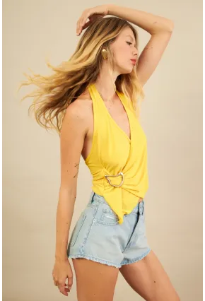 Kadın Sarı Tokalı Asimetrik Crop Bluz AN8134