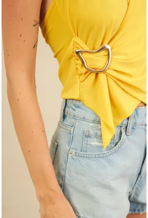 Kadın Sarı Tokalı Asimetrik Crop Bluz AN8134