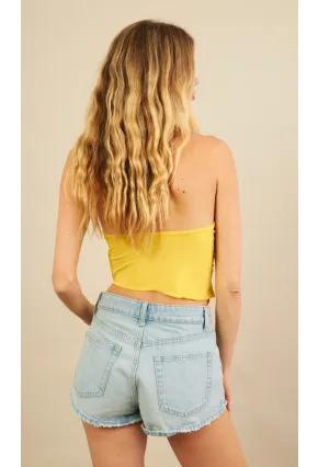 Kadın Sarı Tokalı Asimetrik Crop Bluz AN8134