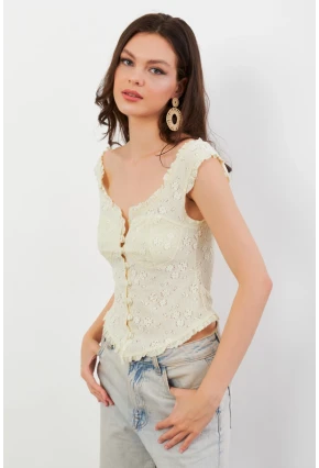 Kadın Sarı Volanlı Düğmeli Bluz KED7324