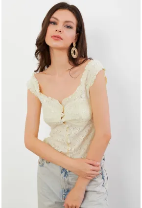 Kadın Sarı Volanlı Düğmeli Bluz KED7324