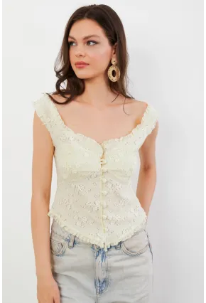 Kadın Sarı Volanlı Düğmeli Bluz KED7324