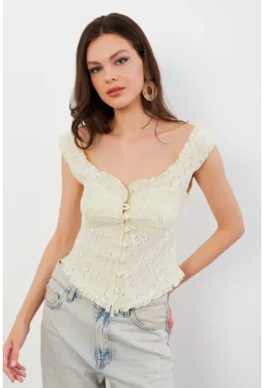 Kadın Sarı Volanlı Düğmeli Bluz KED7324