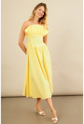Kadın Sarı Volanlı Midi Elbise MİL4856