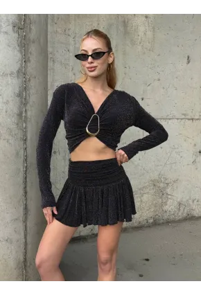 Kadın Simli Aksesuar Detay Crop Bluz