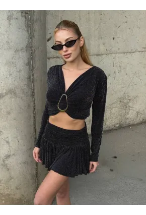 Kadın Simli Aksesuar Detay Crop Bluz