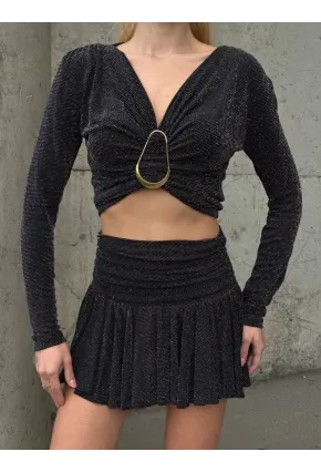 Kadın Simli Aksesuar Detay Crop Bluz