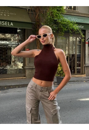 Kadın Sırt Açık Balıkçı Yaka Yumoş Crop Bluz