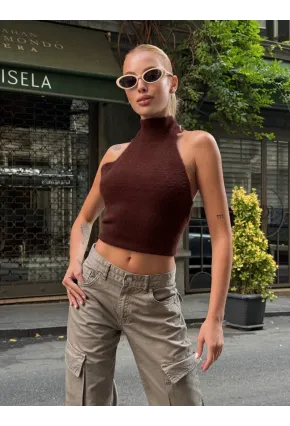 Kadın Sırt Açık Balıkçı Yaka Yumoş Crop Bluz