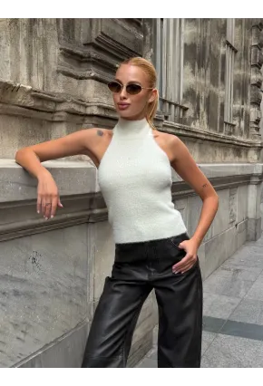 Kadın Sırt Açık Balıkçı Yaka Yumoş Crop Bluz