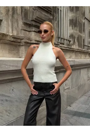 Kadın Sırt Açık Balıkçı Yaka Yumoş Crop Bluz