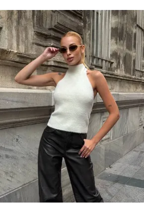 Kadın Sırt Açık Balıkçı Yaka Yumoş Crop Bluz