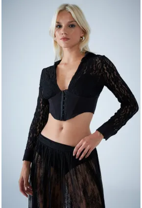 Kadın Siyah Ağraf Kapamalı Gloplu Dantel Bluz HO59