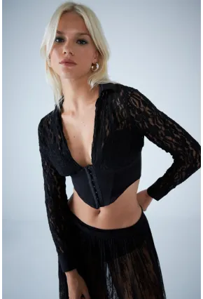 Kadın Siyah Ağraf Kapamalı Gloplu Dantel Bluz HO59