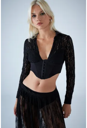 Kadın Siyah Ağraf Kapamalı Gloplu Dantel Bluz HO59