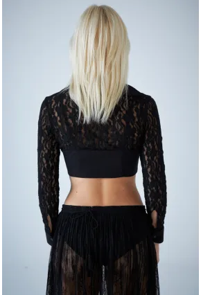 Kadın Siyah Ağraf Kapamalı Gloplu Dantel Bluz HO59