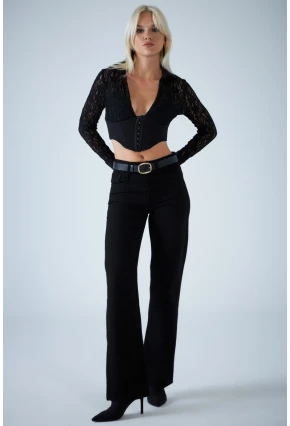 Kadın Siyah Agraflı Crop Bluz KM500