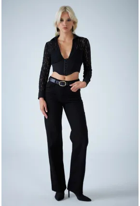 Kadın Siyah Agraflı Crop Bluz KM500