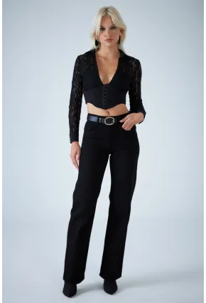 Kadın Siyah Agraflı Crop Bluz KM500