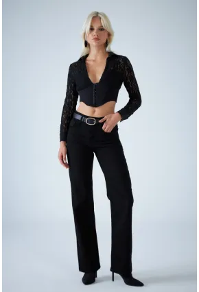 Kadın Siyah Agraflı Crop Bluz KM500