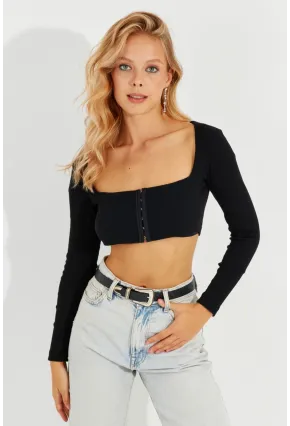 Kadın Siyah Agraflı Kaşkorse Crop Bluz EY2571