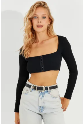 Kadın Siyah Agraflı Kaşkorse Crop Bluz EY2571