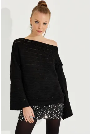Kadın Siyah Ajurlu Triko Bluz YV213