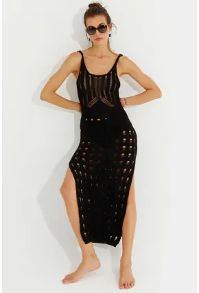 Kadın Siyah Ajurlu Triko Maxi Elbise SF2504