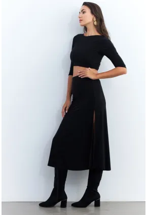 Kadın Siyah Alt Üst Crop Etek Takım ELT3844