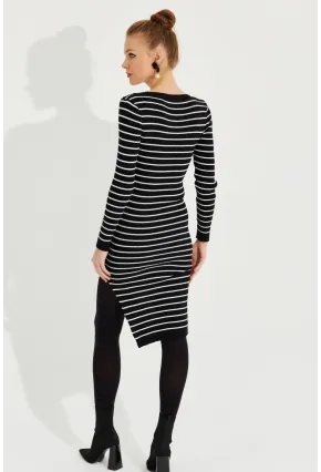 Kadın Siyah Asimetrik Çizgili Triko Elbise SF2517