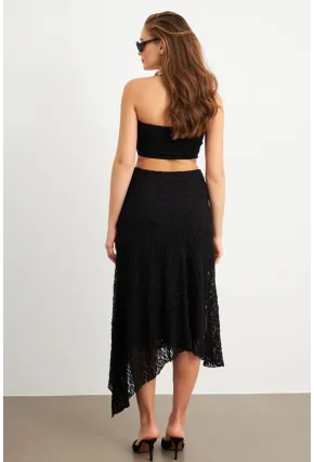 Kadın Siyah Asimetrik Dantel Midi Etek ZH357