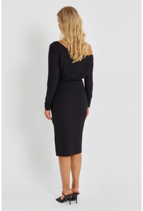 Kadın Siyah Asimetrik Yaka Kemerli Midi Elbise KED4043