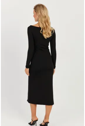 Kadın Siyah Asimetrik Yaka Yırtmaçlı Midi Elbise EY2708