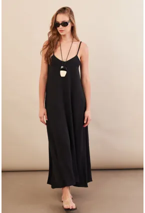 Kadın Siyah Askılı Çan Midaxi Elbise OPS9005