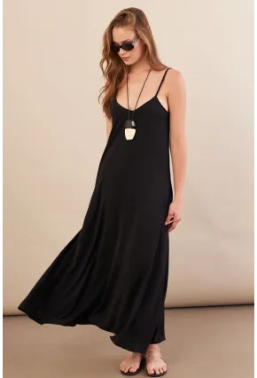 Kadın Siyah Askılı Çan Midaxi Elbise OPS9005