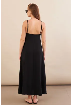 Kadın Siyah Askılı Çan Midaxi Elbise OPS9005