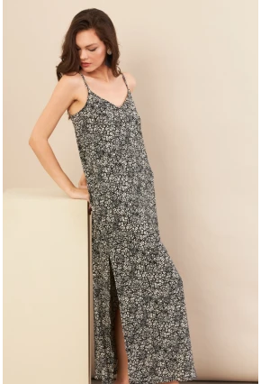 Kadın Siyah Askılı Desenli Krinkıl Midi Elbise AYD413