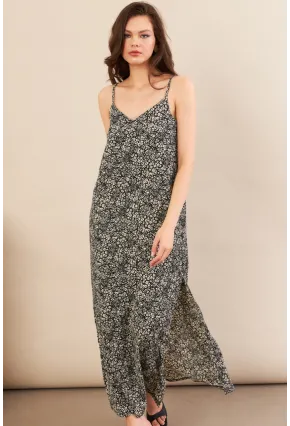 Kadın Siyah Askılı Desenli Krinkıl Midi Elbise AYD413