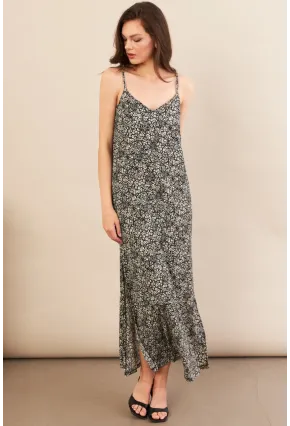 Kadın Siyah Askılı Desenli Krinkıl Midi Elbise AYD413