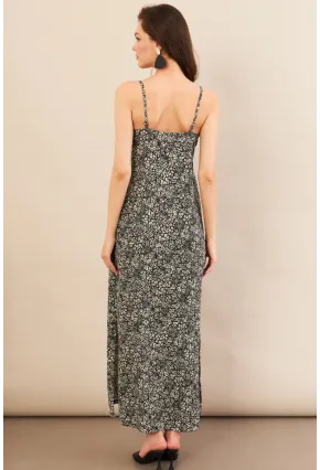 Kadın Siyah Askılı Desenli Krinkıl Midi Elbise AYD413