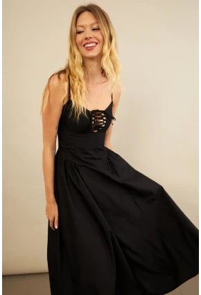 Kadın Siyah Askılı Detaylı Midi Elbise YEL221653