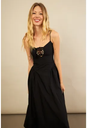 Kadın Siyah Askılı Detaylı Midi Elbise YEL221653
