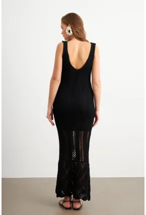 Kadın Siyah Astarlı Ajurlu Maxi Elbise MBE15001
