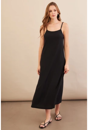 Kadın Siyah Ayarlanabilir Askılı Bürümcük Midi Elbise MX9455
