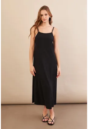Kadın Siyah Ayarlanabilir Askılı Bürümcük Midi Elbise MX9455