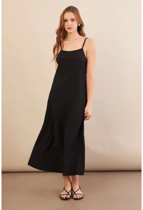 Kadın Siyah Ayarlanabilir Askılı Bürümcük Midi Elbise MX9455