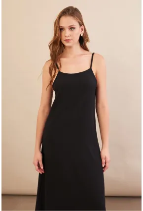 Kadın Siyah Ayarlanabilir Askılı Bürümcük Midi Elbise MX9455